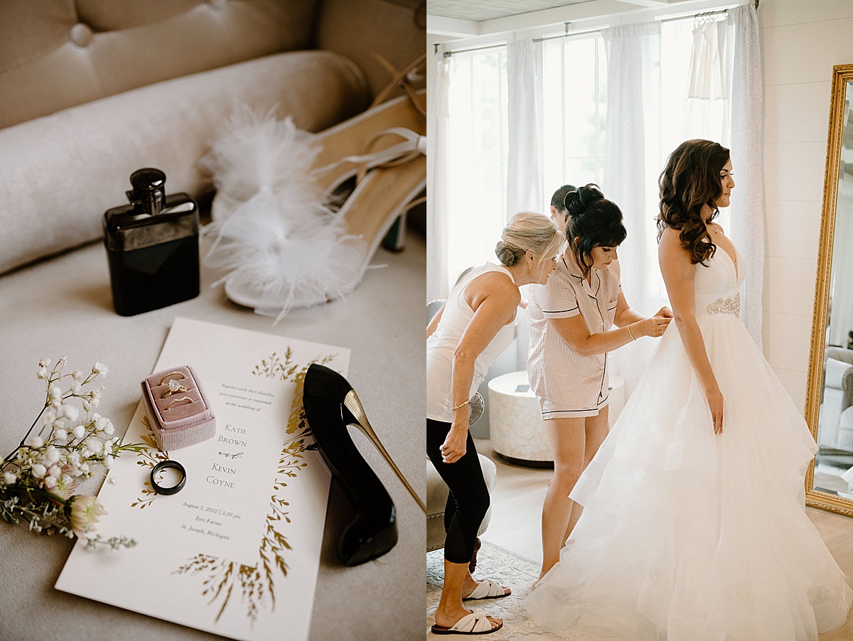 bride gets ready in tulle gown and feather bow high heels with bridesmaid in pink pajamas at romantic Etre Farms summer wedding