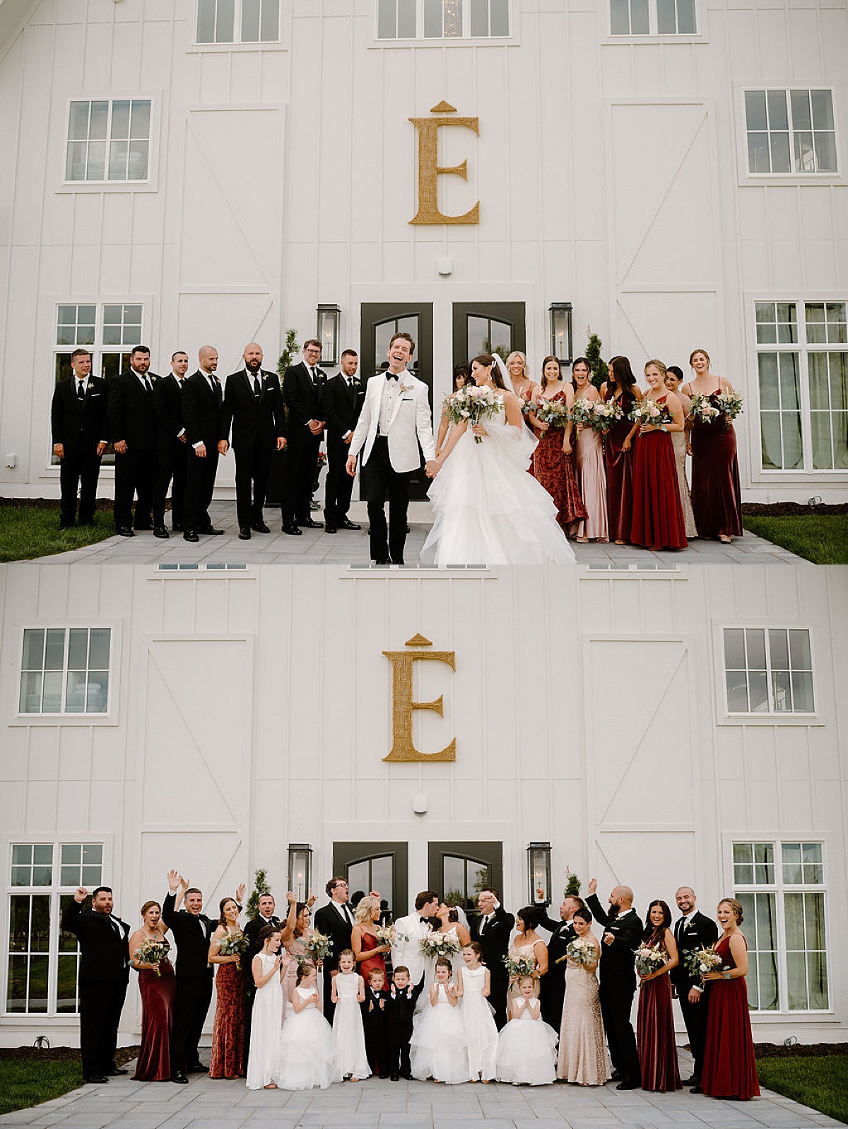 bride in tulle gown and groom in white jacket pose with wedding party in burgundy and champagne gowns before romantic Etre Farms summer wedding