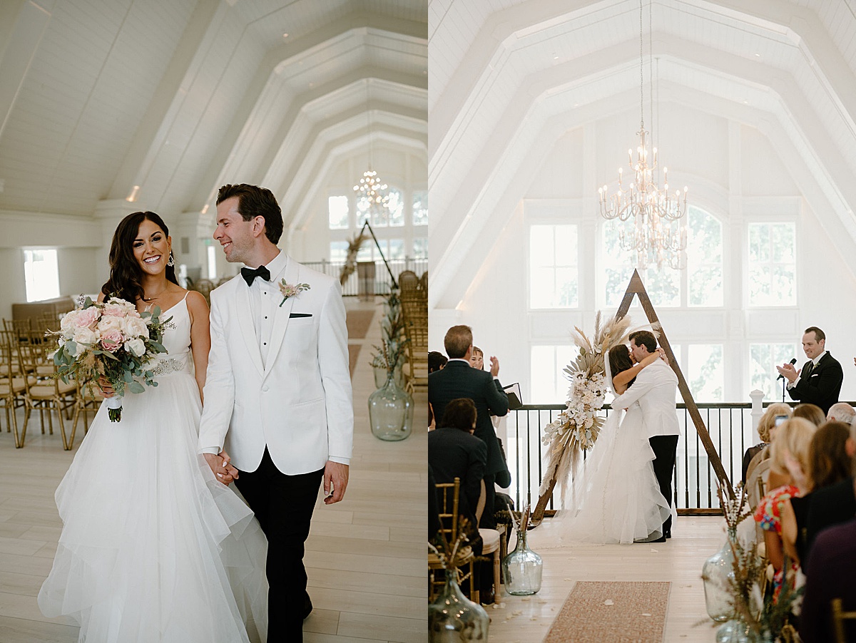bride and groom kiss at ceremony shot by Indigo Lace Collective in elegant modern barn venue in Michigan