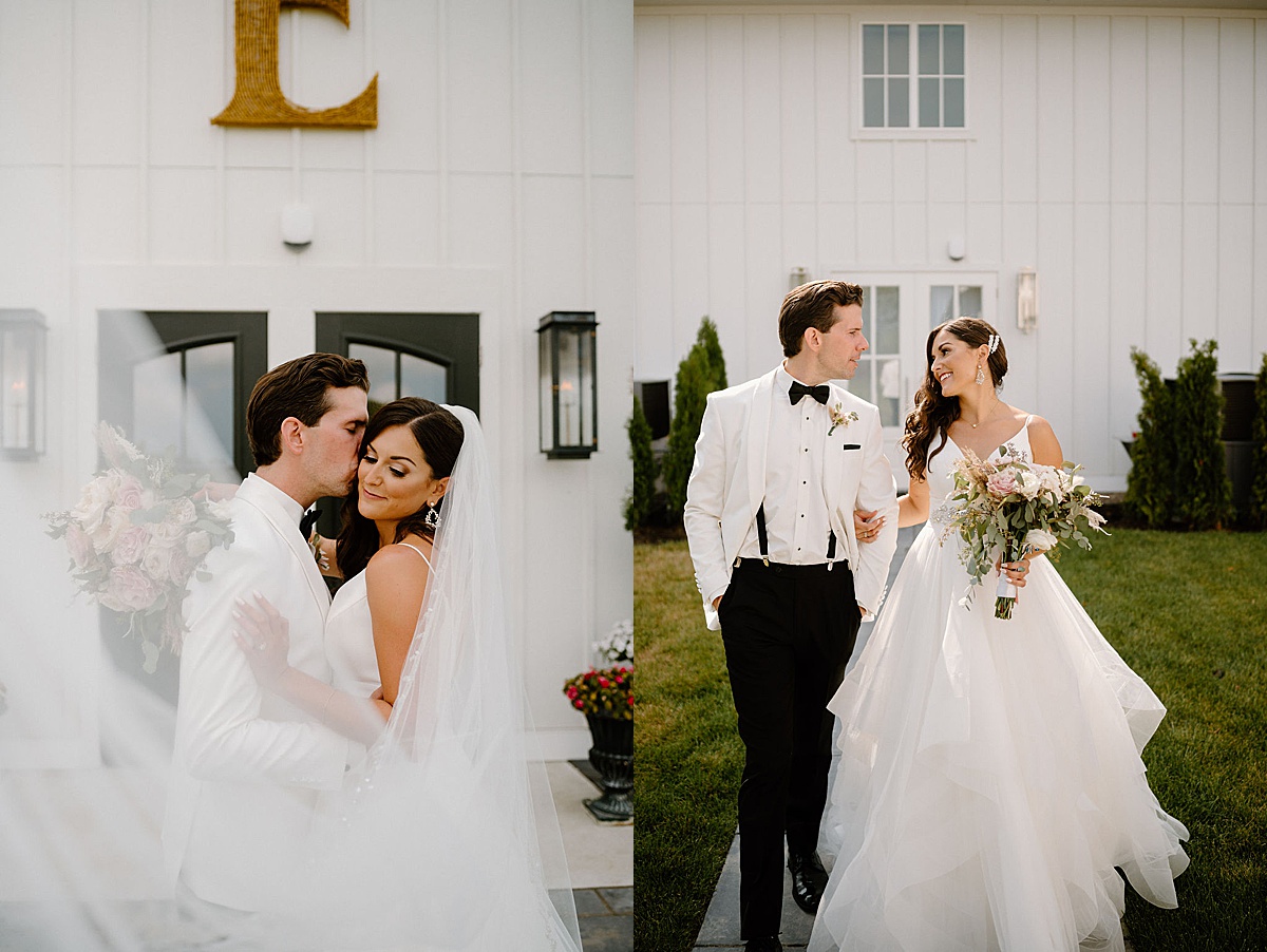 elegant bride and groom pose outside modern barn venue before wedding shot by Indigo Lace Collective