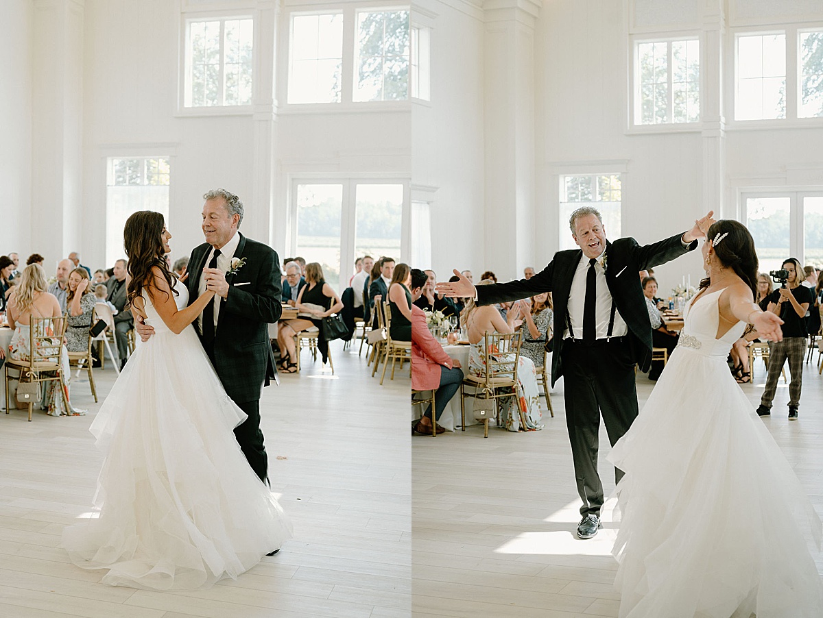 Bride and father share a dance at modern barn wedding shot by Michigan wedding photographer