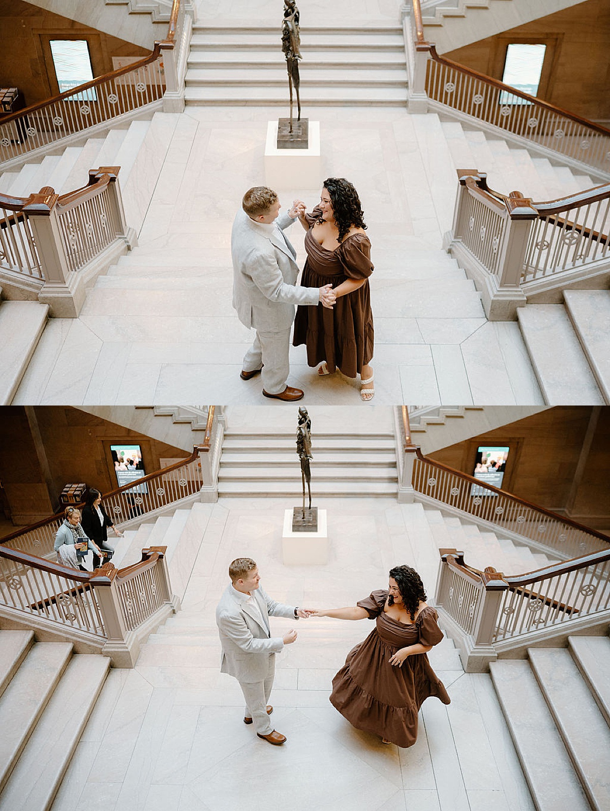 young elegant couple dance on marble steps during flirty art institute engagement shoot