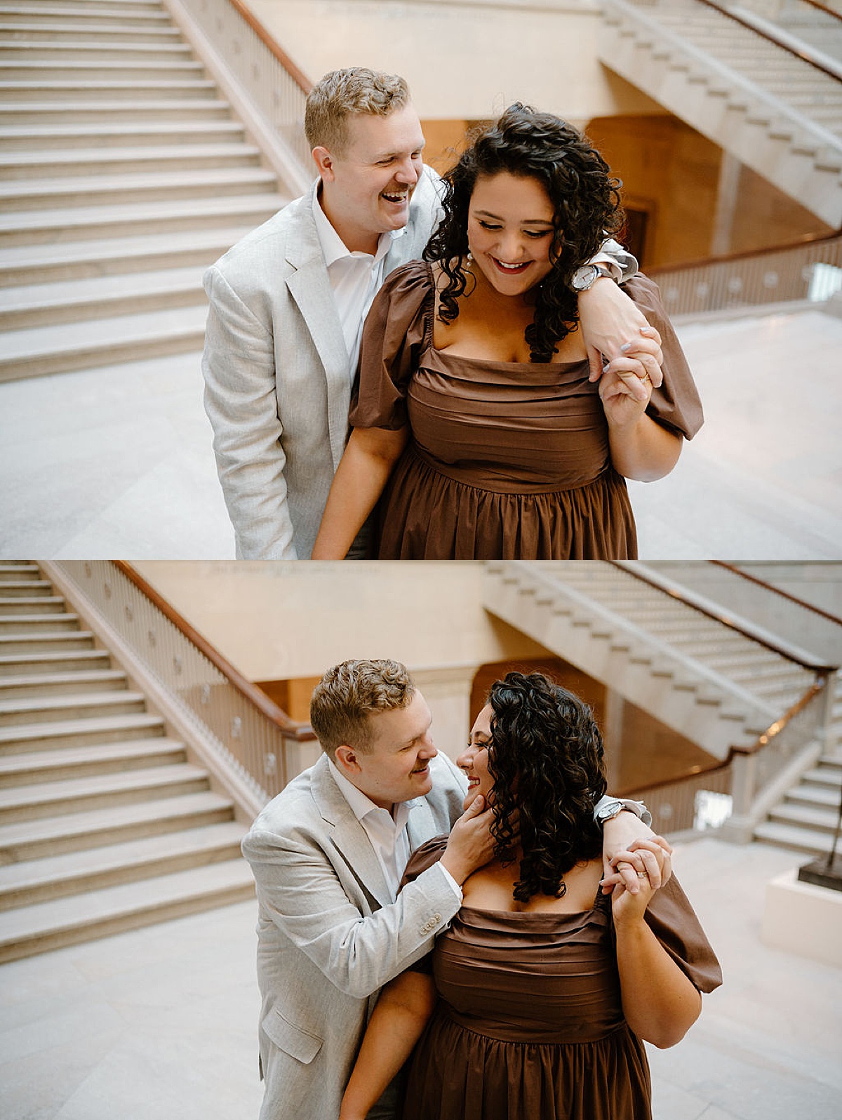 man in gray suit and woman in romantic brown dress wrap arms around each other and laugh during Flirty art institute engagement shoot