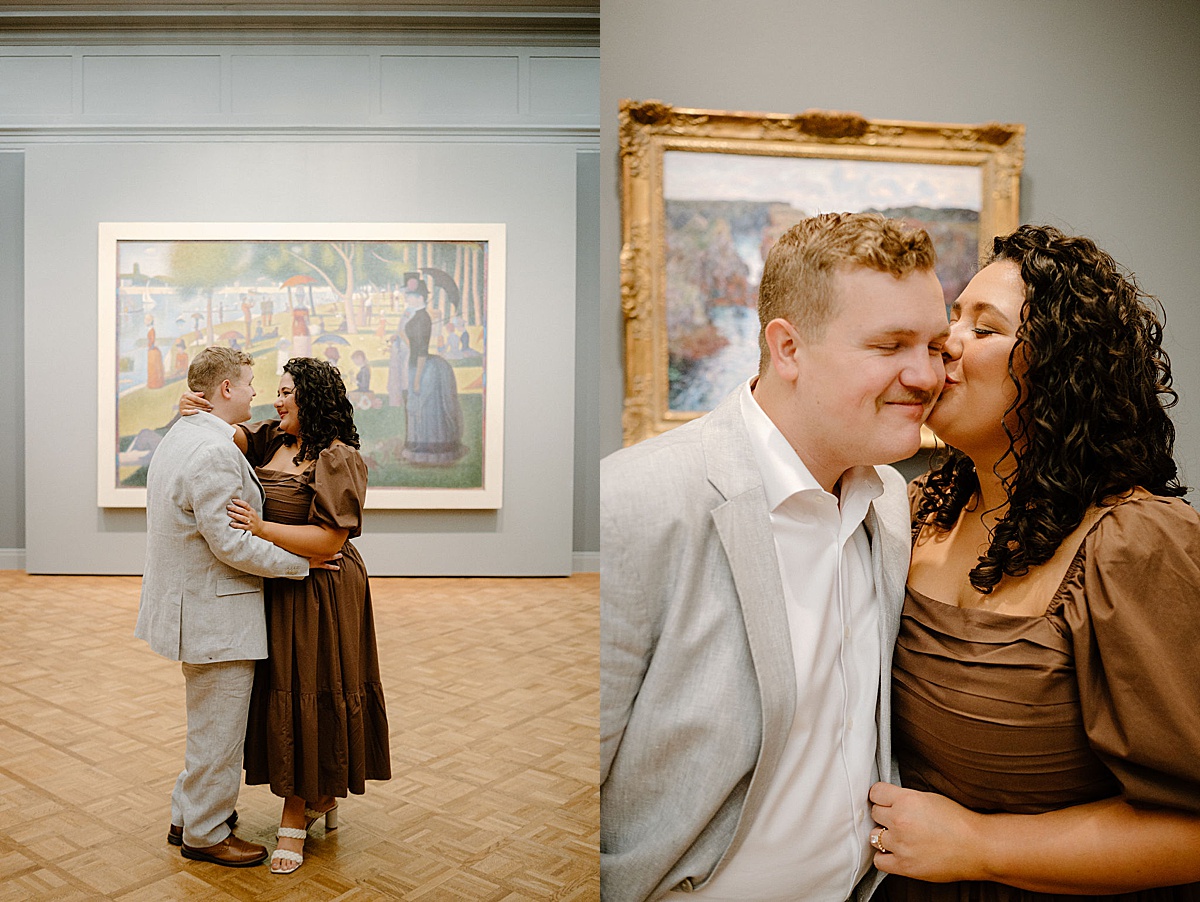 cute couple dance in impressionist room during Flirty art institute engagement shoot