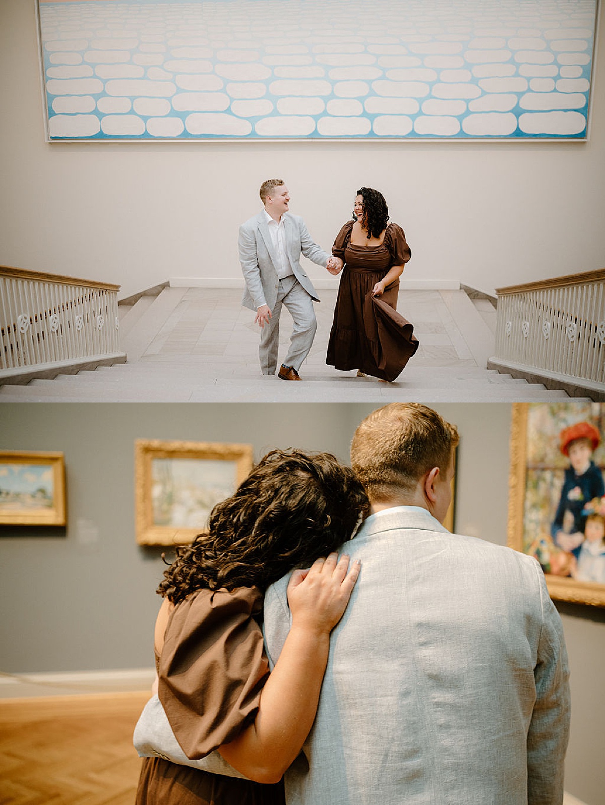 newly engaged couple wanders art museum during photoshoot by Indigo Lace Collective