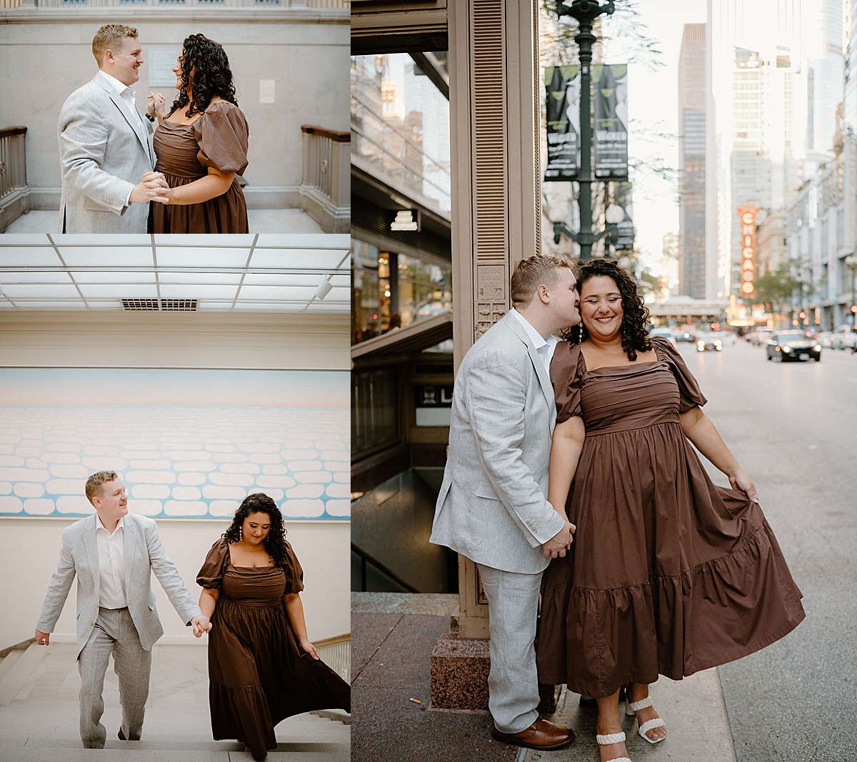 young romantic couple wander chicago art district during engagement shoot with Indigo Lace Collective