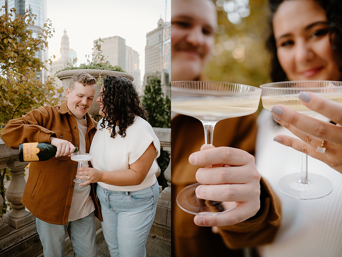cute couple pour champagne and toast on balcony during engagement shoot with Chicago wedding photographer