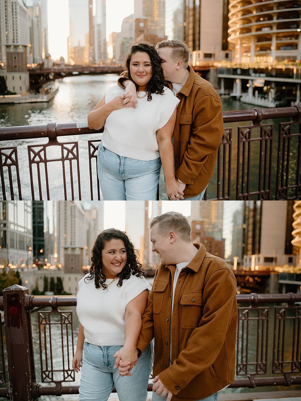 cute couple pose on iron bridge over river during classy shoot with Chicago wedding photographer