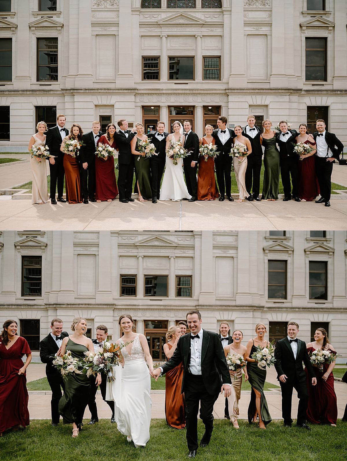 bridesmaids in autumnal colors join couple and groomsmen after ceremony shot by midwest wedding photographer