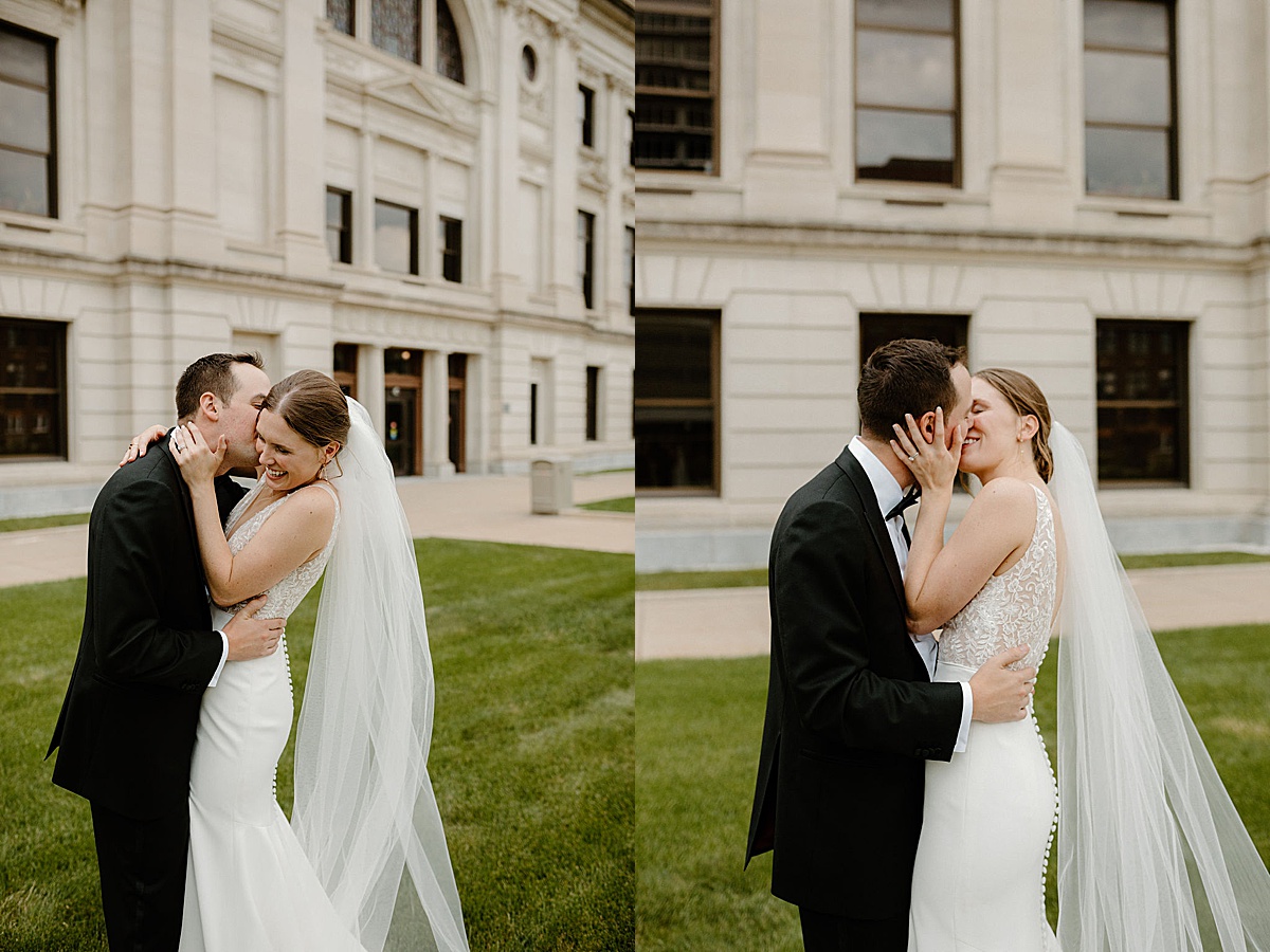bride and groom kiss after sweet church ceremony shot by midwest wedding photographer