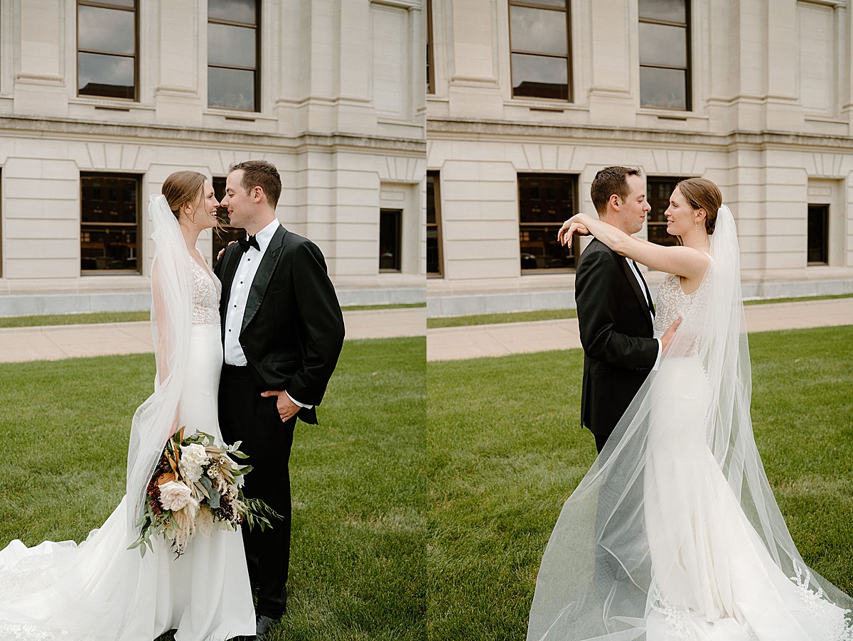 boho bride and groom pose after midwest wedding shot by Indigo Lace Collective