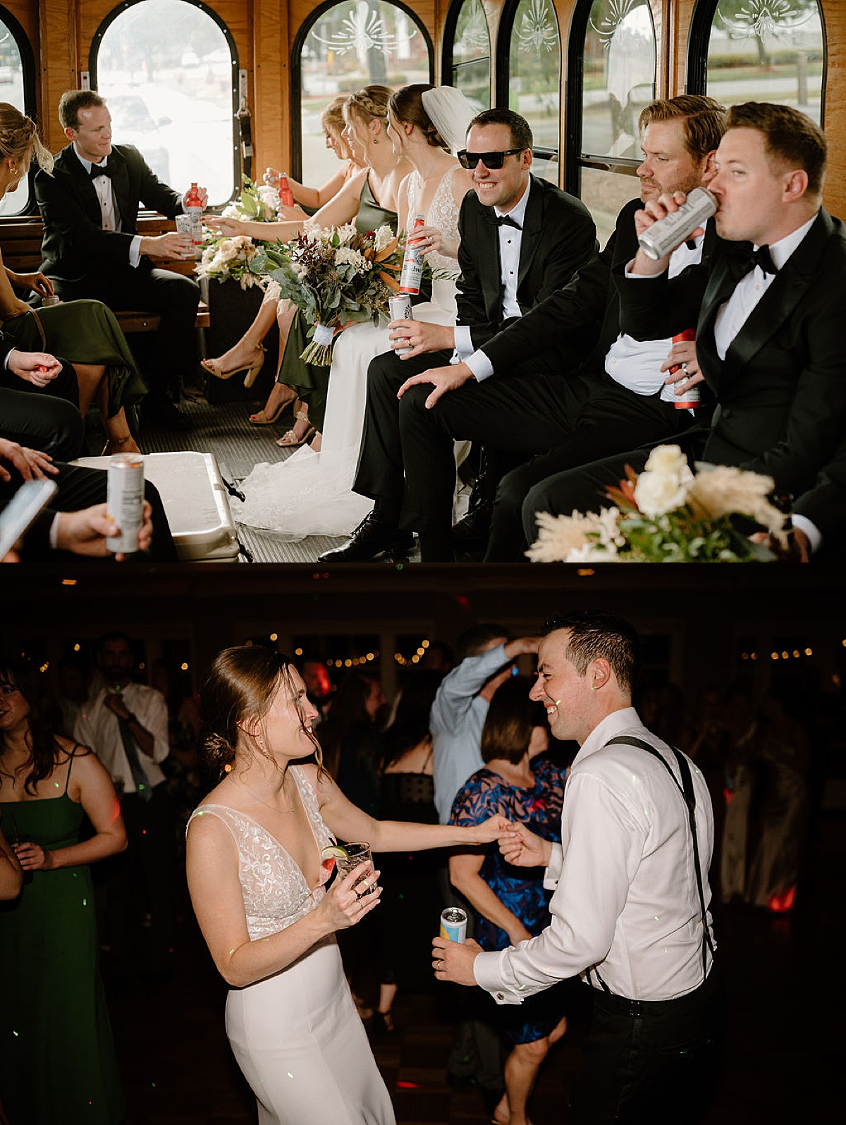 wedding party celebrates on trolley headed to reception and dance floor after ceremony shot by Indigo Lace Collective