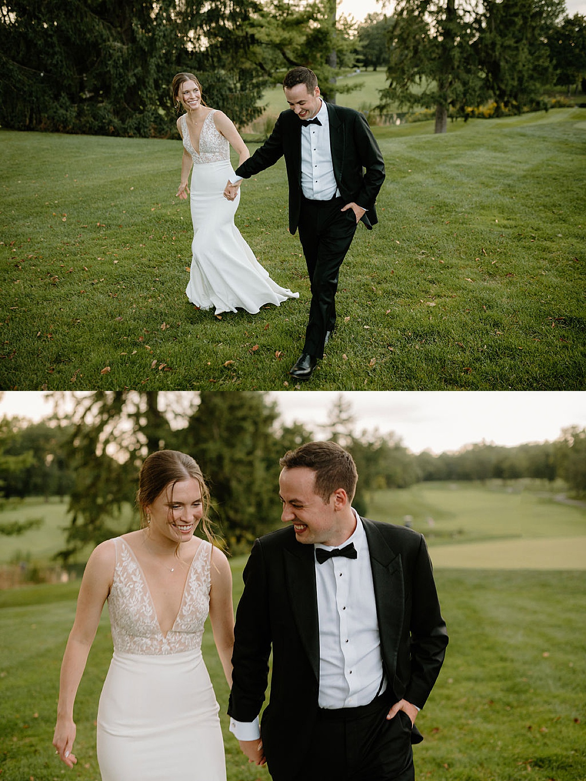 bride and groom wander country club lawn after heartfelt ceremony shot by Indigo Lace Collective