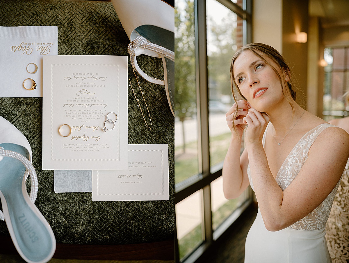 bride gets ready in sparkly heels and drop earrings before Idyllic Fort Wayne country club wedding