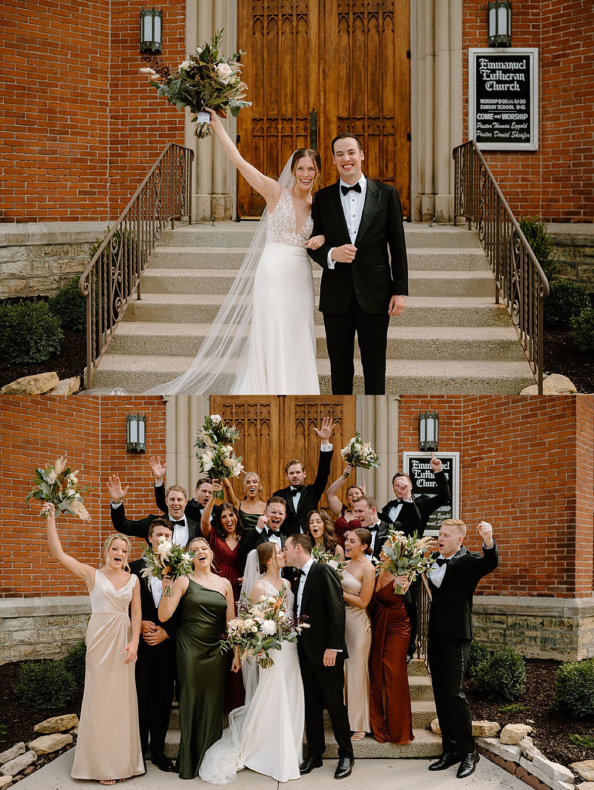 newlywed couple poses on church steps with wedding party after ceremony shot by midwest wedding photographer