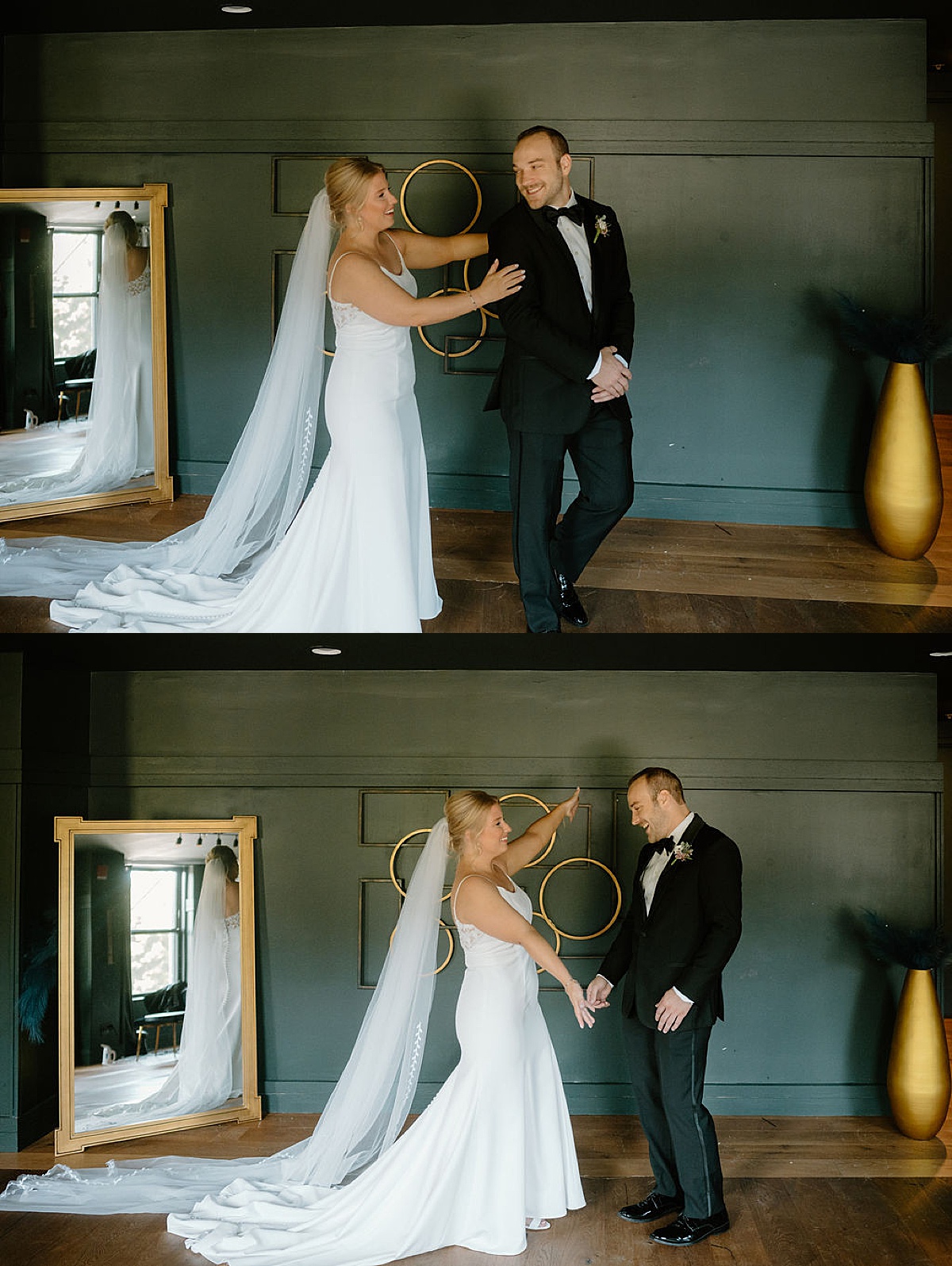 bride and groom share first look in moody elegant hotel before intimate Chicago ceremony