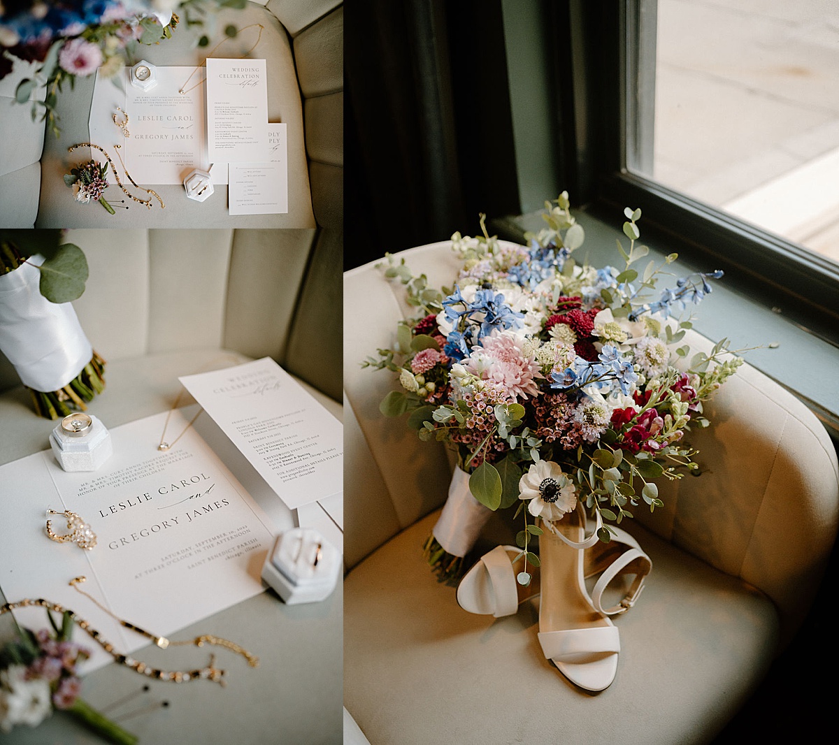 bride's bouquet with wildflowers leans agains couch with invitations and jewelry before intimate Chicago ceremony