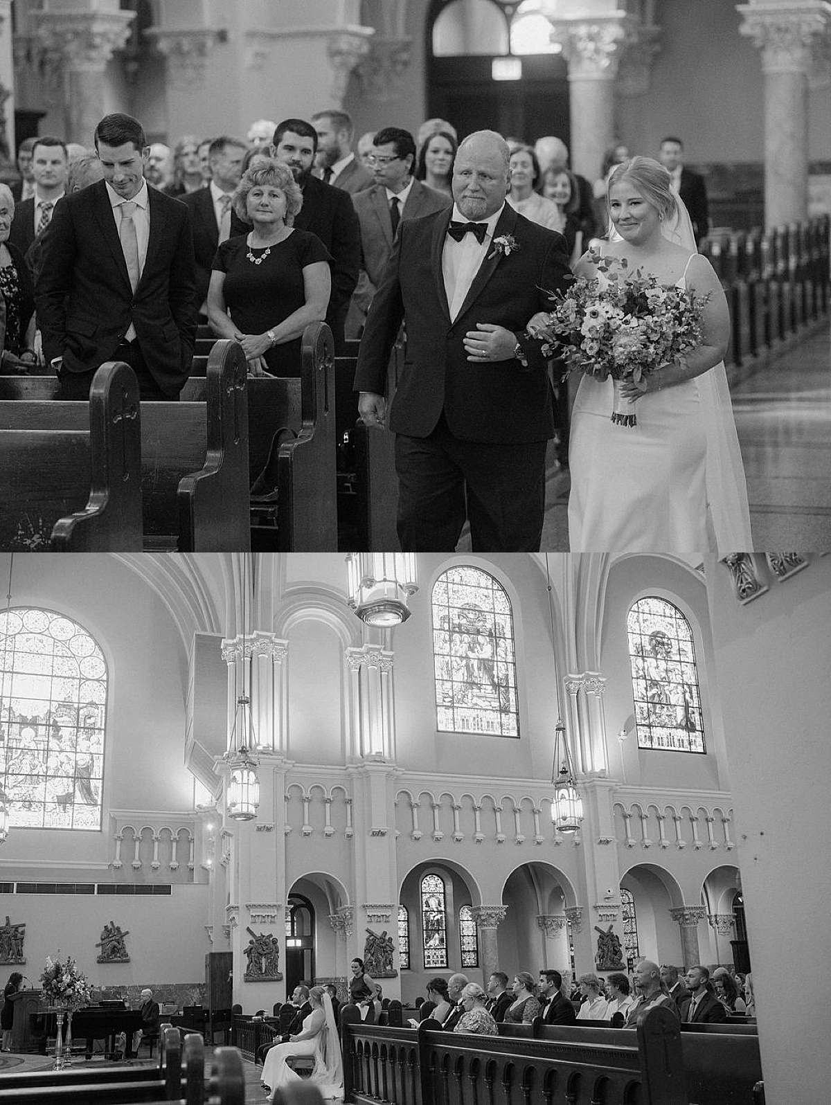 bride in silk dress walks the aisle before intimate catholic wedding shot by Indigo Lace Collective