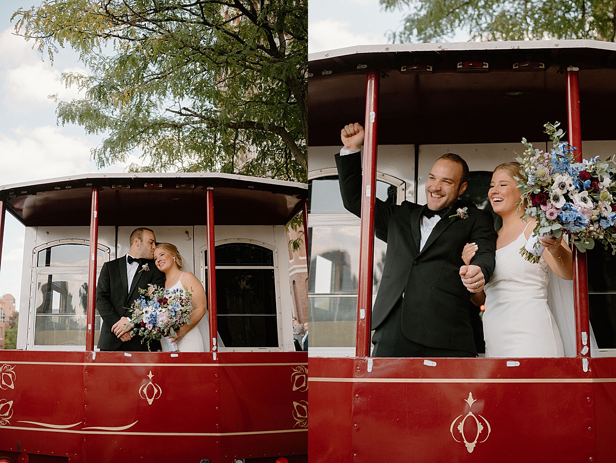 bride and groom pose on red trolley in Chicago after sweet ceremony shot by Indigo Lace Collective