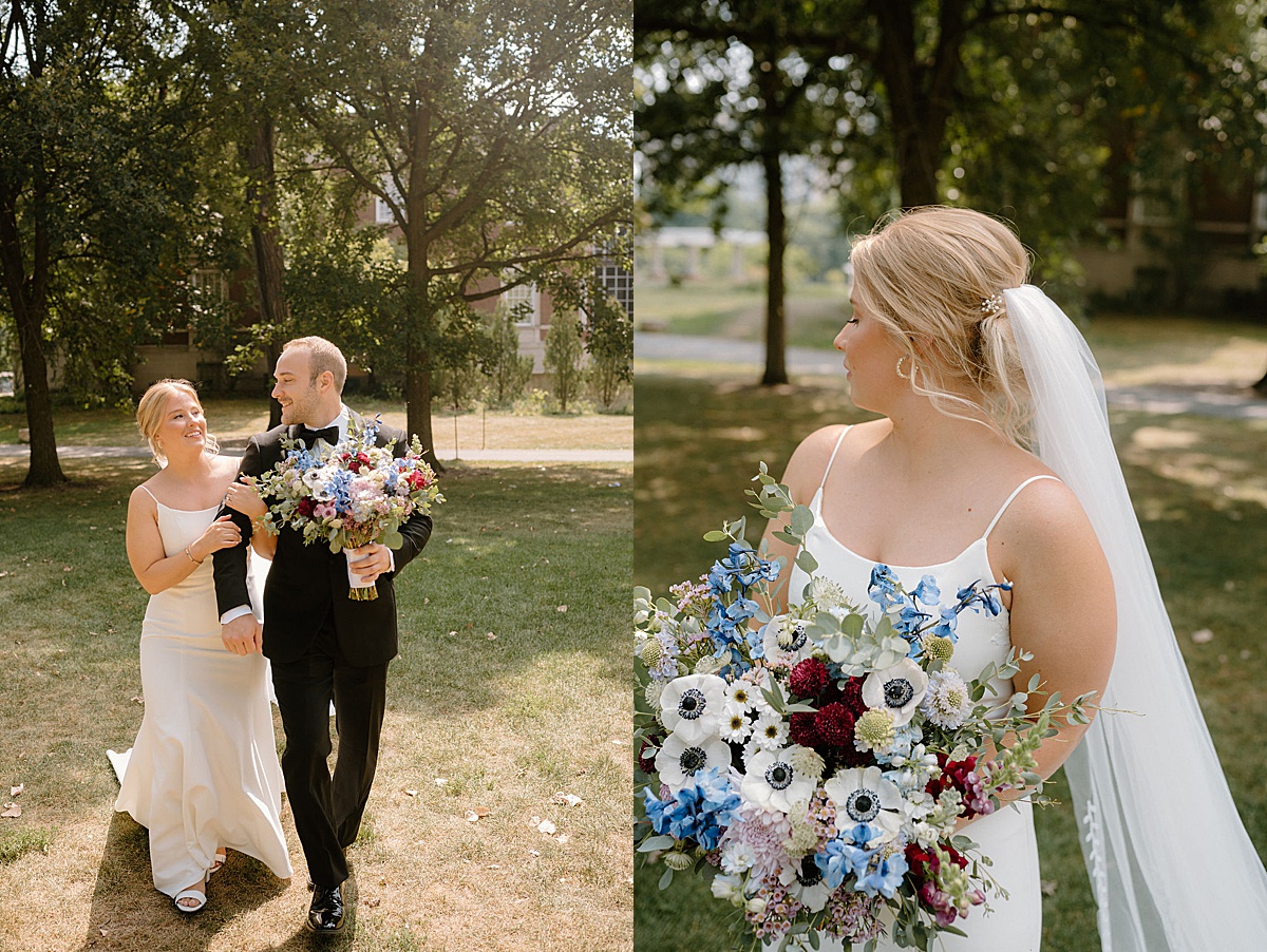 bride and groom walk through city park with colorful wildflower bouquet after ceremony shot by midwest wedding photographer