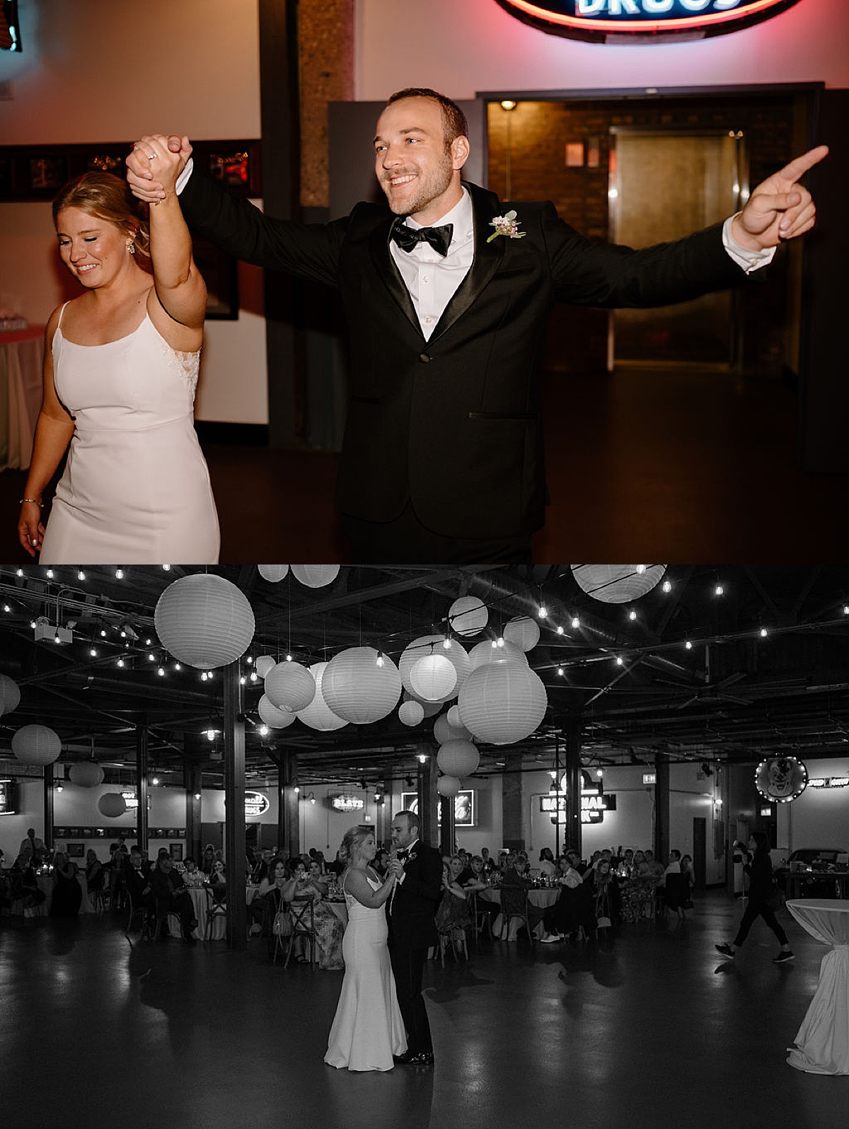 bride and groom arrive at Chicago wedding reception with paper lanterns and fairly lights shot by midwest wedding photographer
