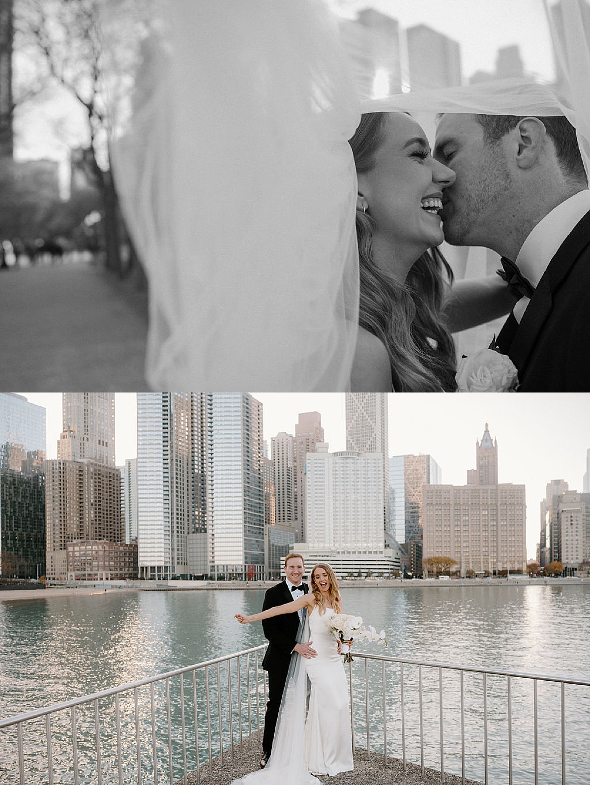 beautiful bride with white rose bouquet and groom pose with chicago skyline after elegant ceremony at the clark