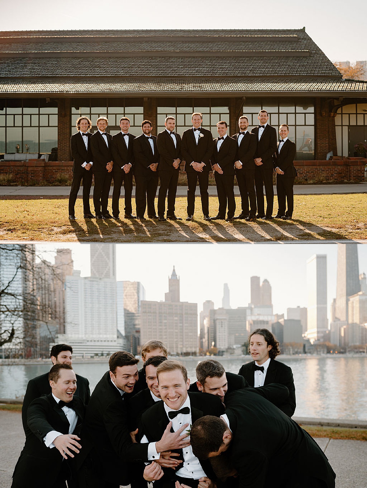 groomsmen pose for portraits and celebrate groom's wedding before elegant ceremony at the clark