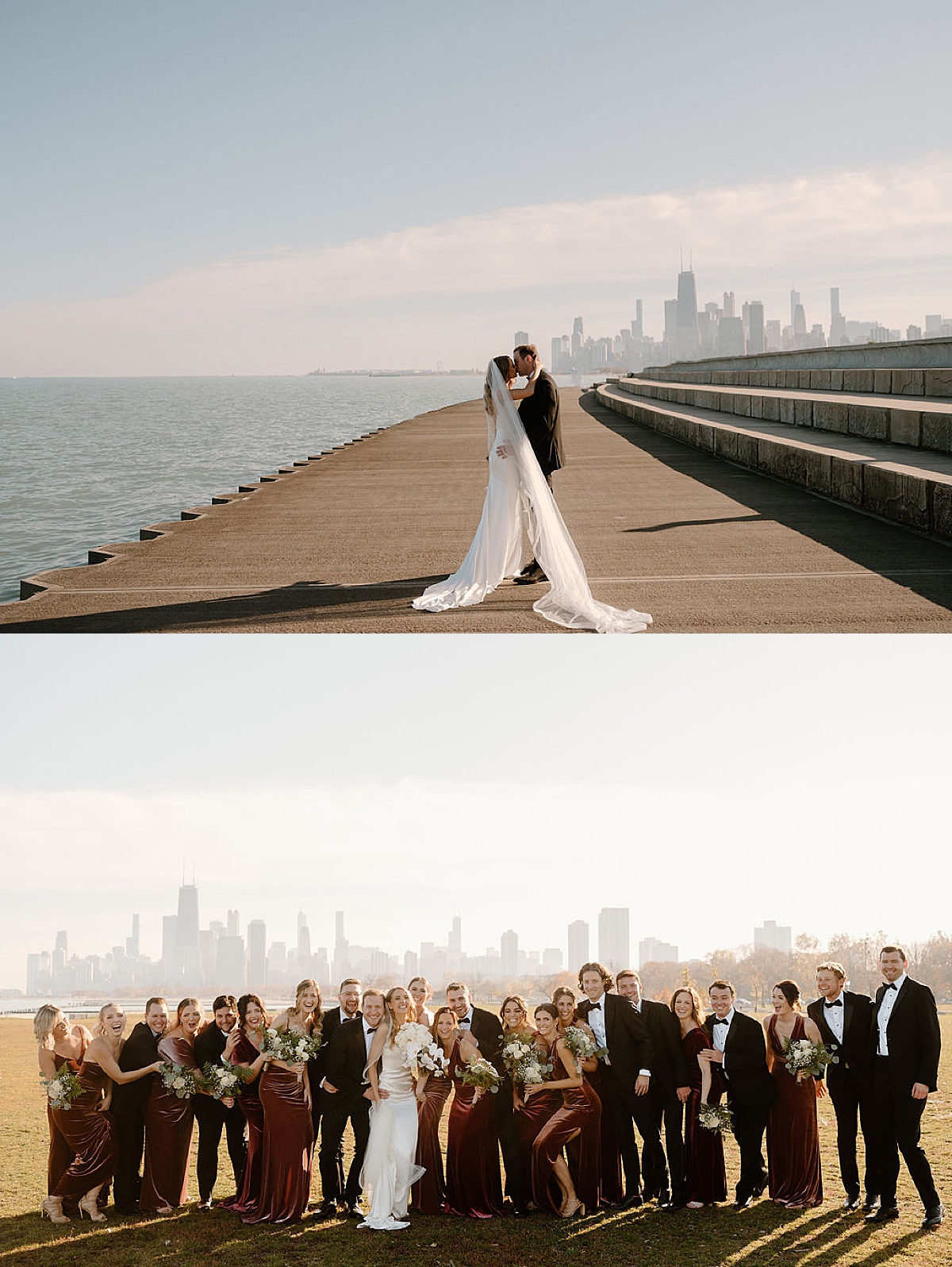 bride and groom kiss on lake waterfront with city skyline in background before wedding shot by Indigo Lace Collective