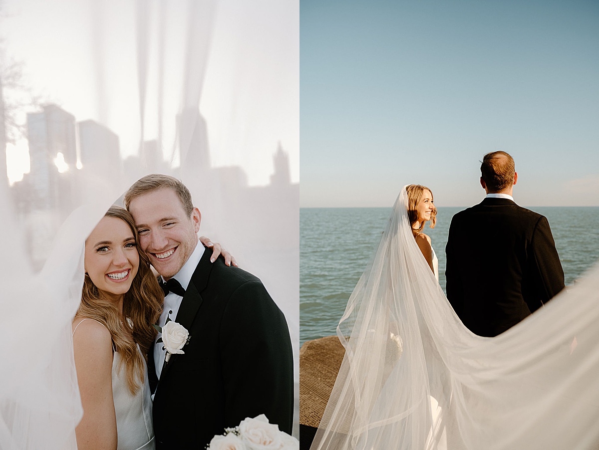 bride and groom pose as veil blows in the wind before ceremony shot by Indigo Lace Collective