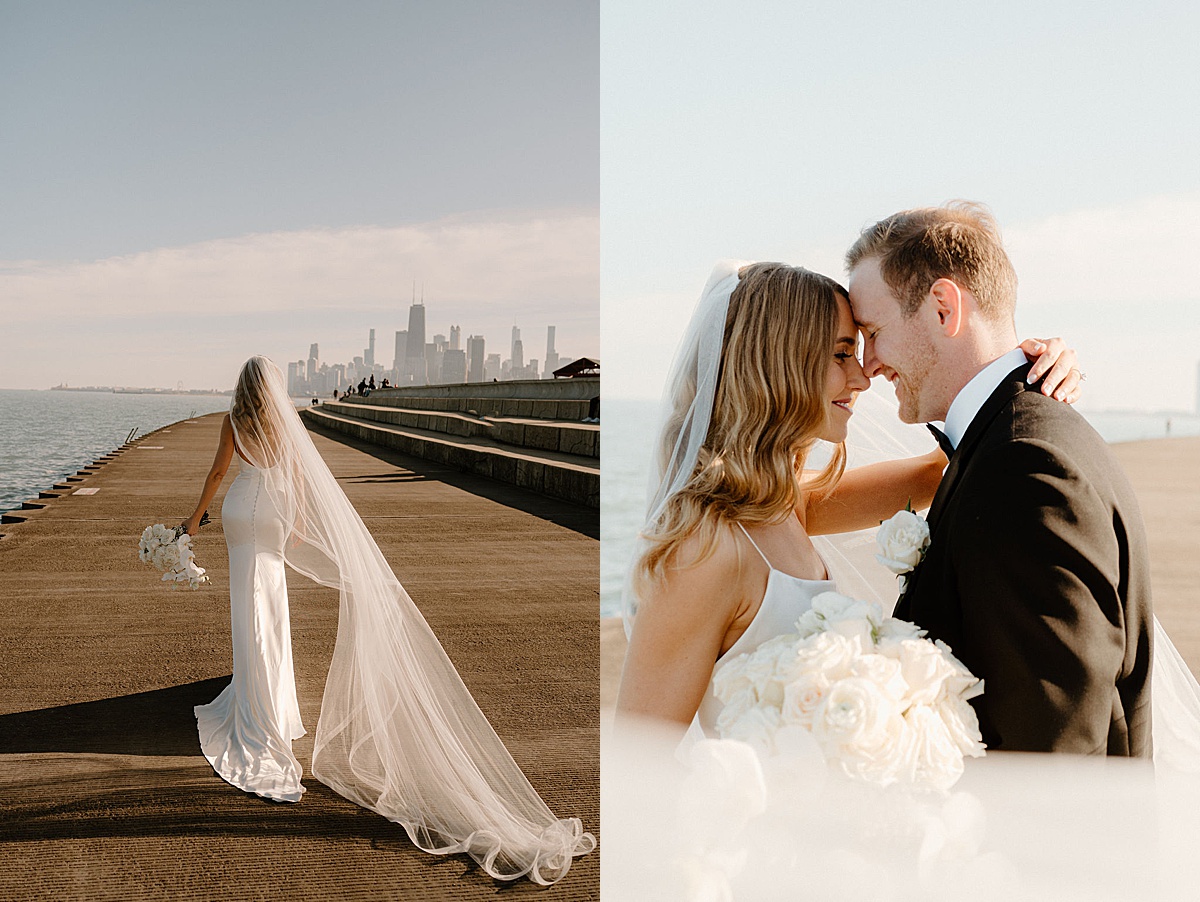bride and groom pose on city waterfront before elegant ceremony shot by Indigo Lace Collective