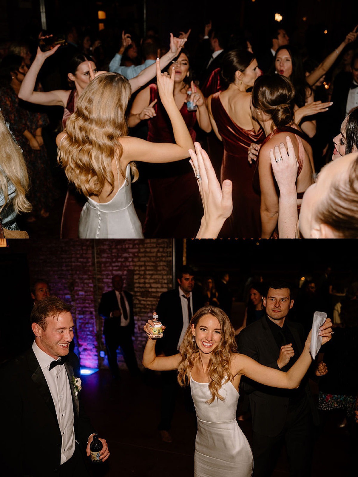 bride and groom tear it up on the dance floor with happy wedding guests during reception shot by Chicago wedding photographer