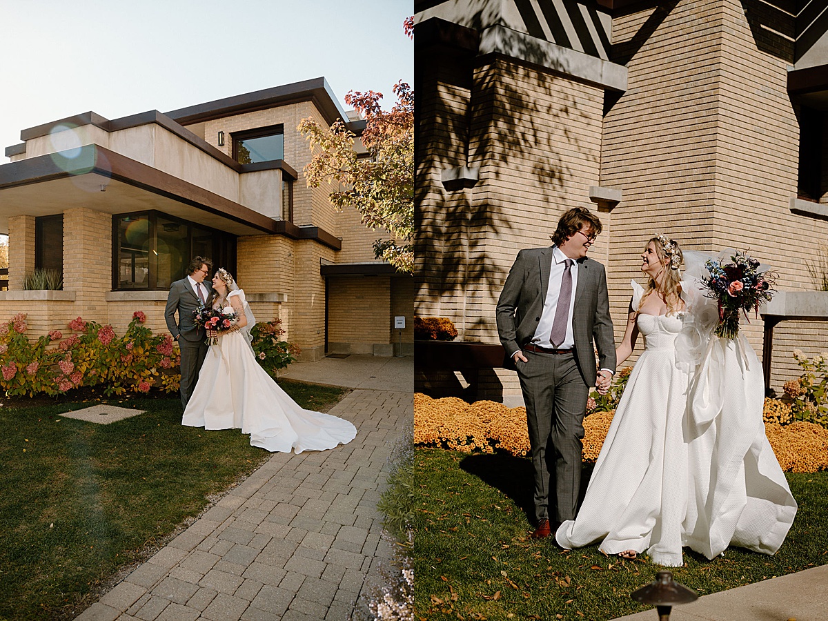 whimsical bride and groom pose outside elegant celebration at Frank Lloyd Wright house