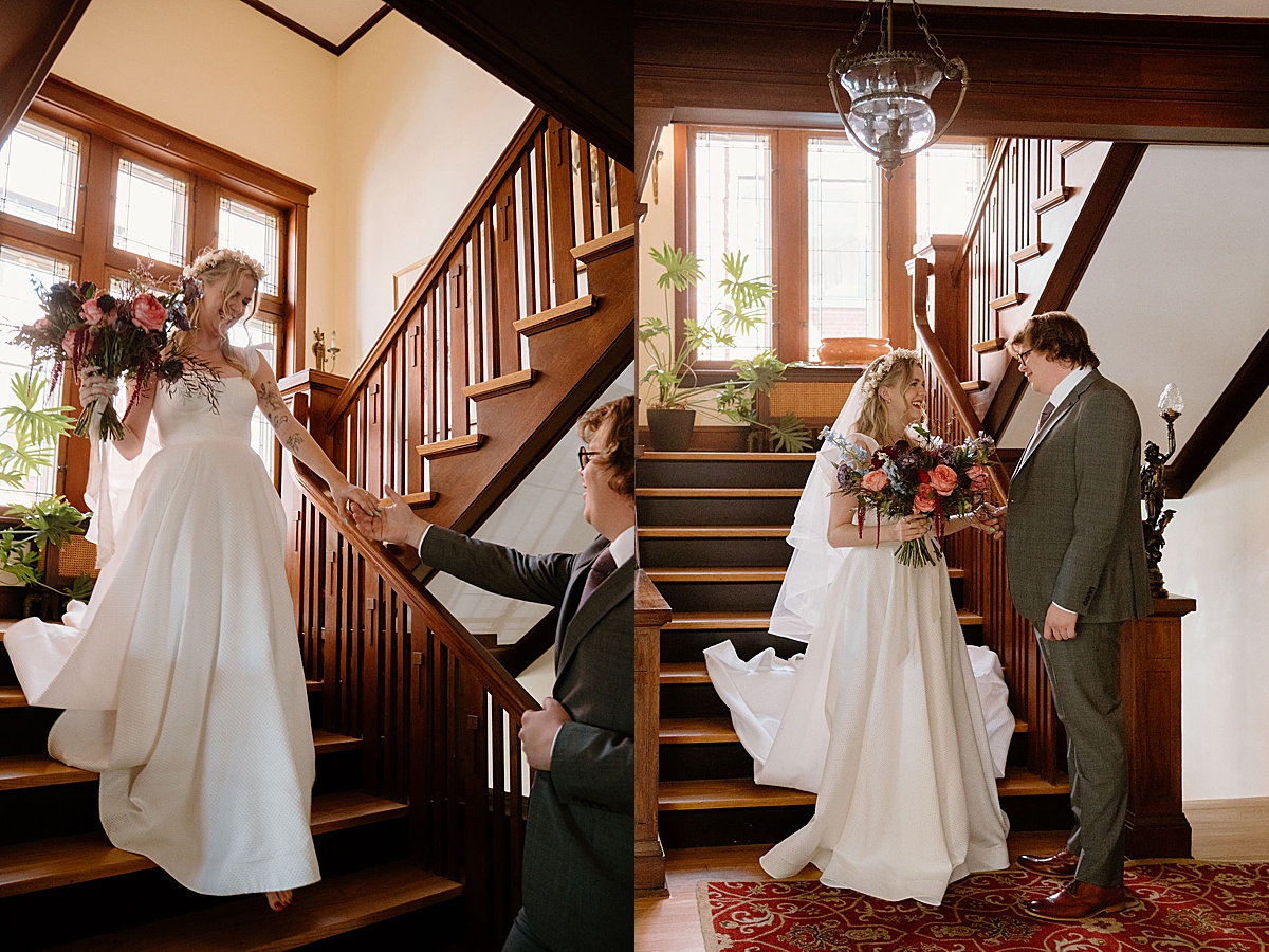 bride in romantic gown and groom share first look on staircase before elegant celebration at Frank Lloyd Wright house