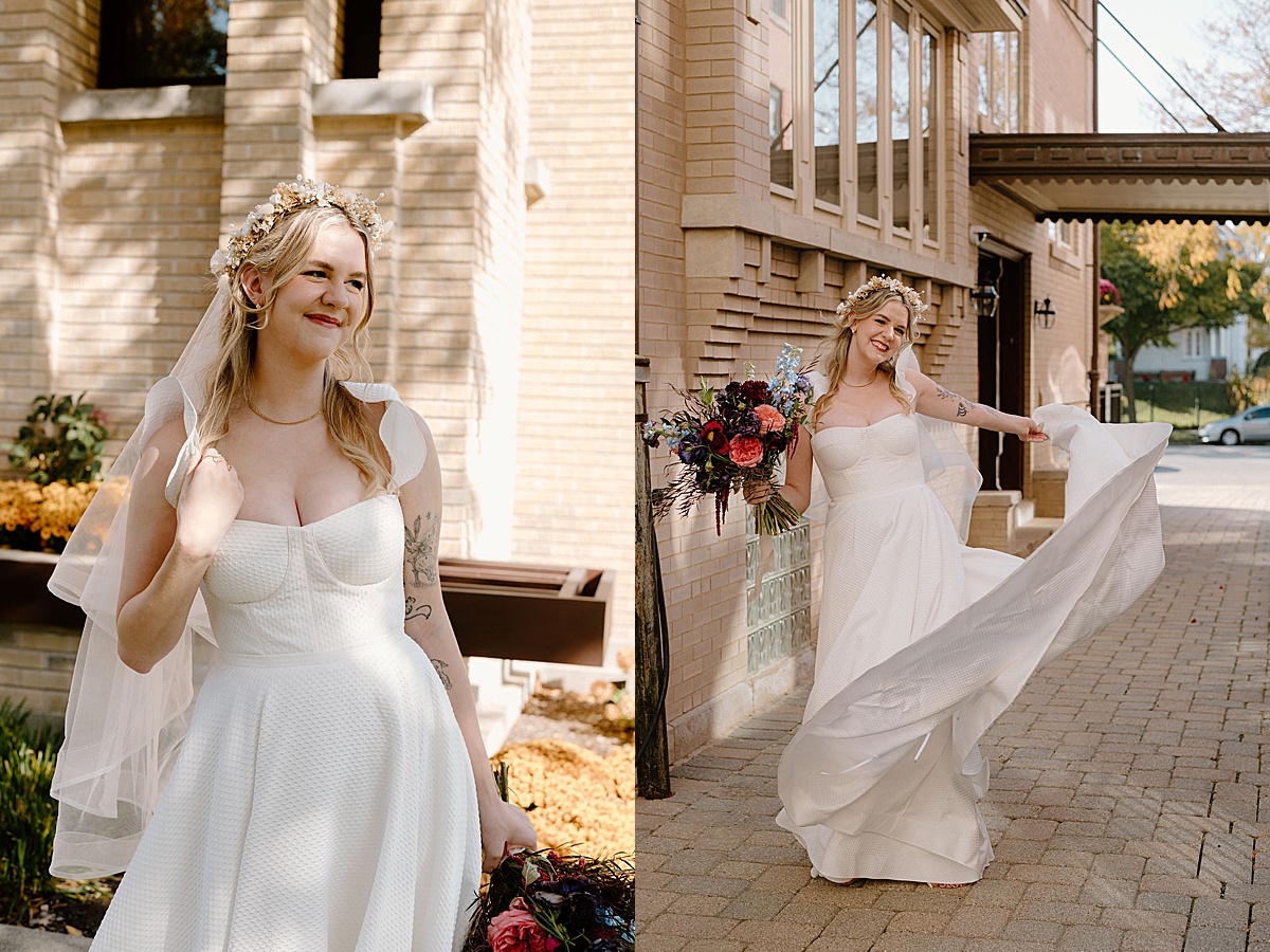 bride in whimsical gown and colorful bouquet spins for chicago wedding photographer