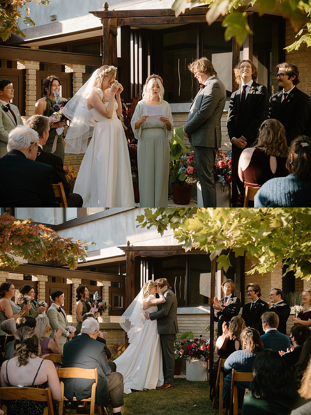 bride in flowing veil and groom share vows during outdoor ceremony at Emil Bach house shot by Indigo Lace Collective