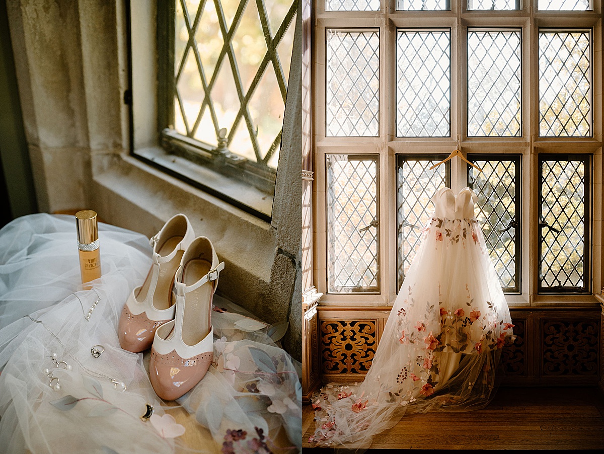 bride's gorgeous hand embroidered floral gown and vintage shoes are ready for romantic autumn arboretum wedding