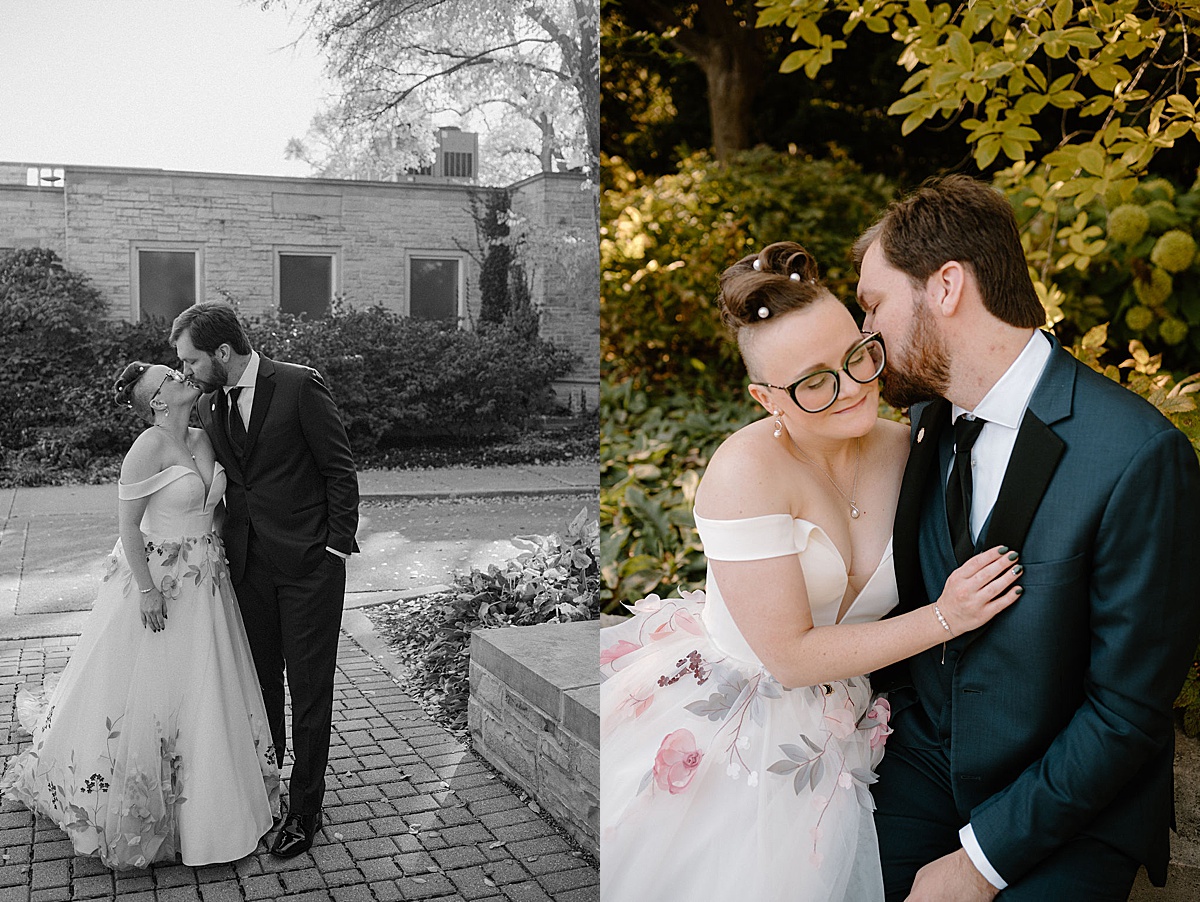 cute bride and groom in floral gown and blue tux kiss after wedding shot by Indigo Lace Collective