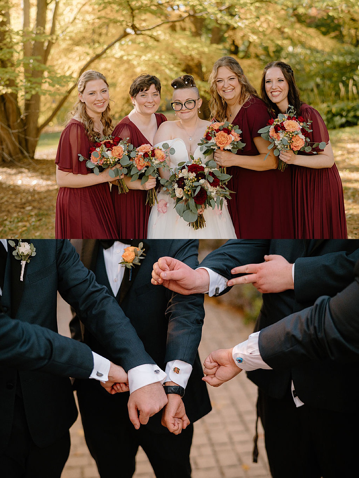 wedding party in burgundy dresses and midnight blue suits pose with the bride and groom before fall wedding shot by Indigo Lace Collective