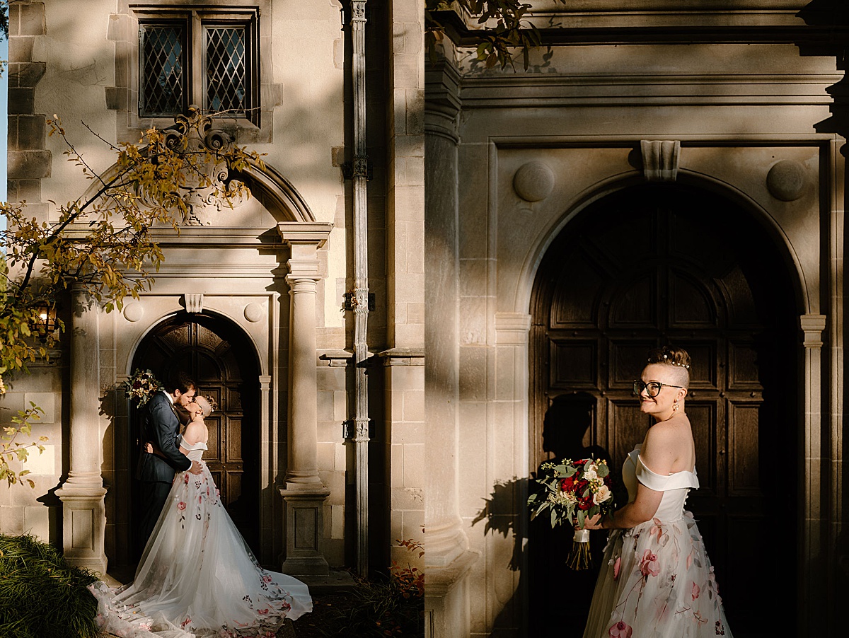 Indigo Lace Collective captures moody moments with bride and groom in front of romantic stone archway.