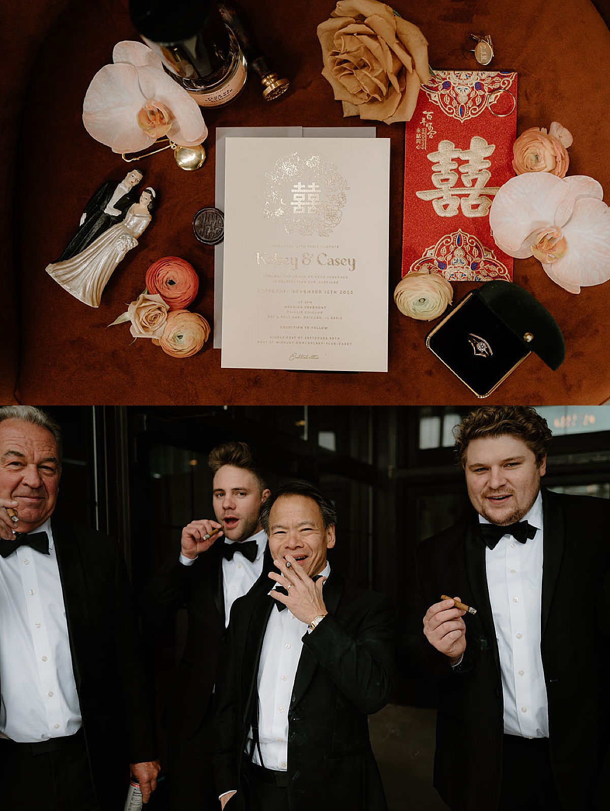 father of the bride shares a cigar with wedding party before american chinese Autumn Fairlie Wedding