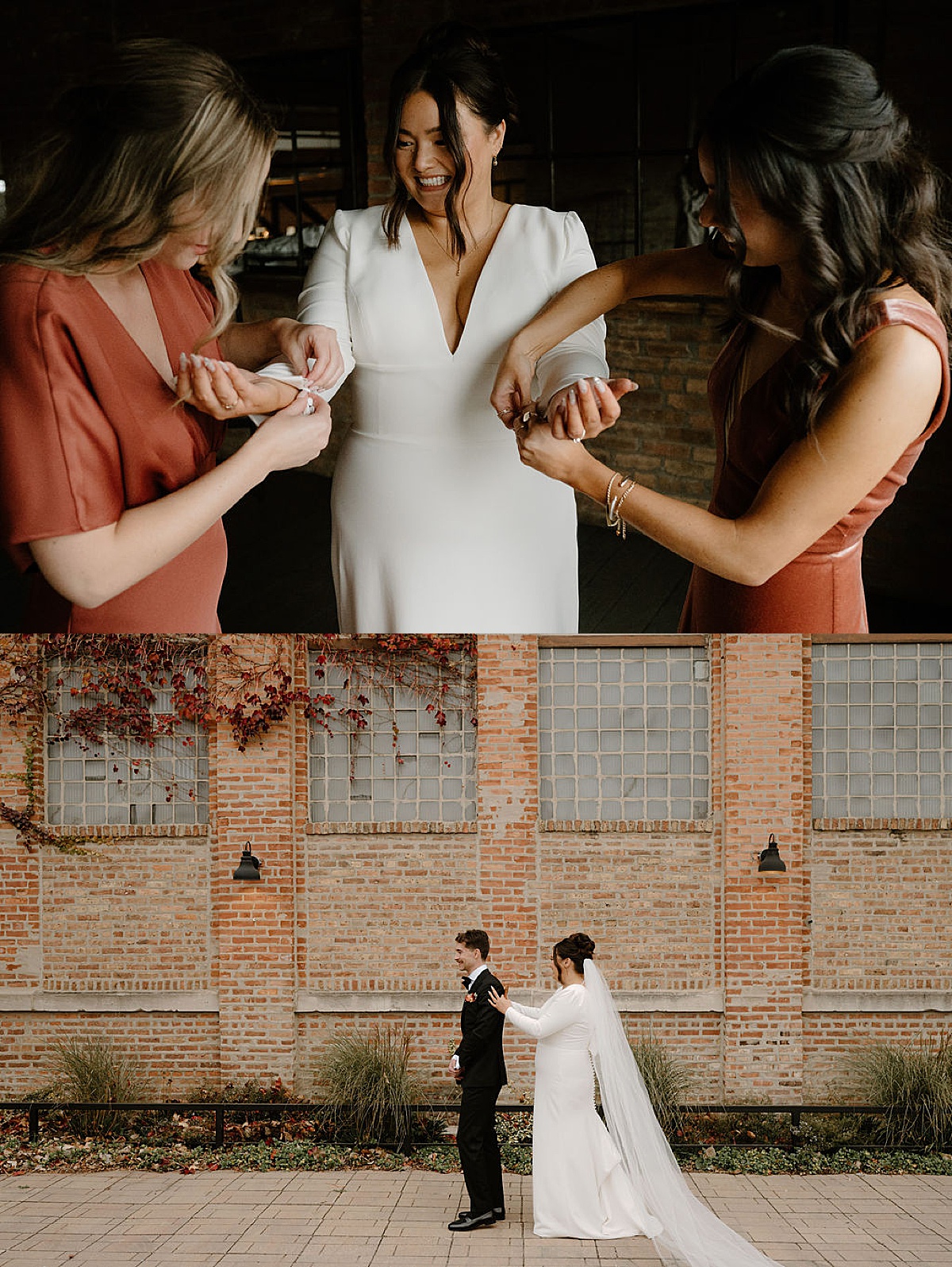 bridesmaids in rust velvet gowns help bride fasten cuffs before first look at Autumn Fairlie Wedding