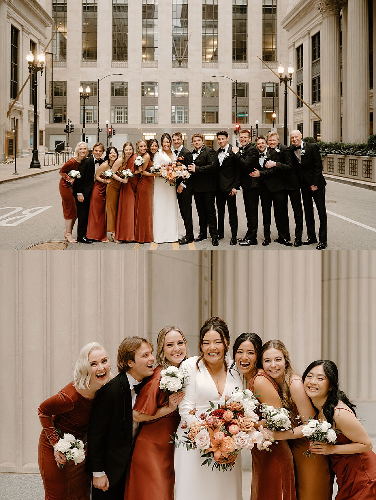 bridesmaids in rust velvet gowns pose with bride and groom after ceremony shot by Chicago wedding photographer