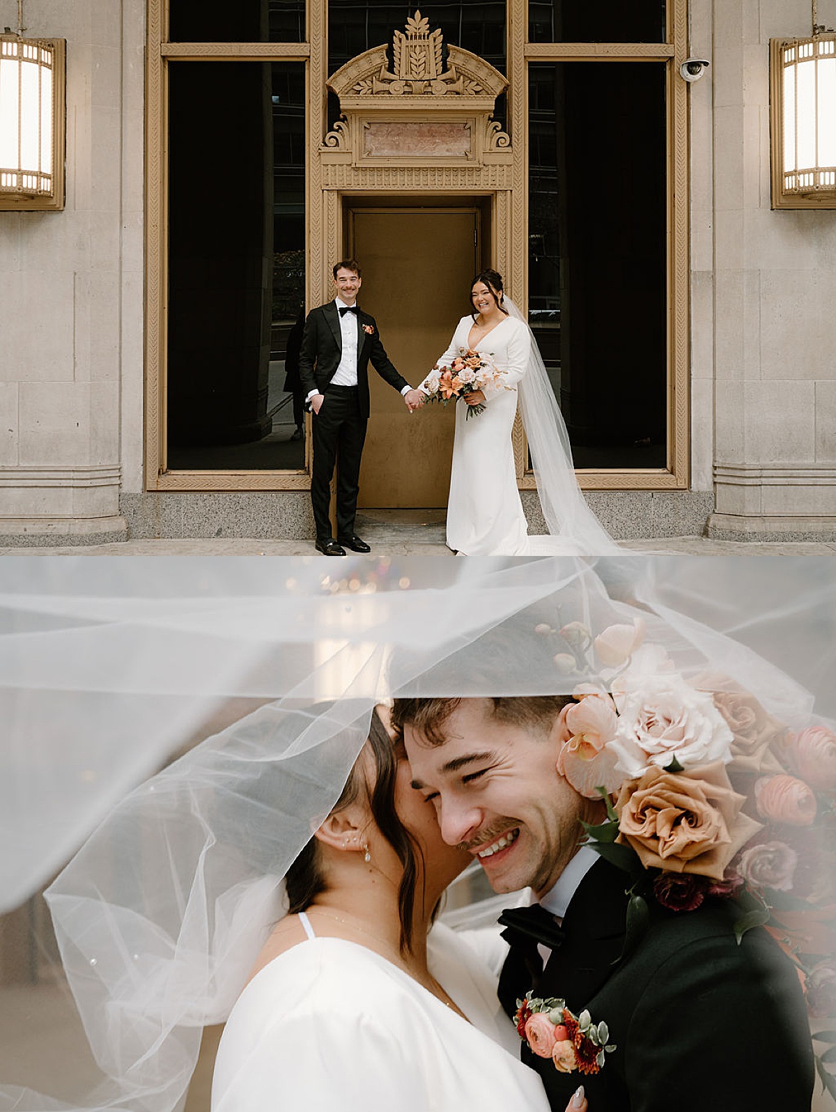 cute bride and groom pose with elegant bouquet and veil outside iconic venue shot by Chicago wedding photographer