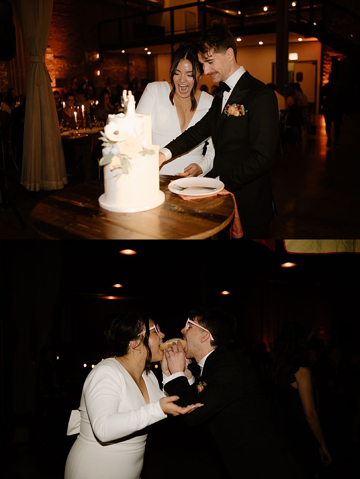 cute bride and groom cut cake and eat snacks at fun reception in chicago shot by Indigo Lace Collective