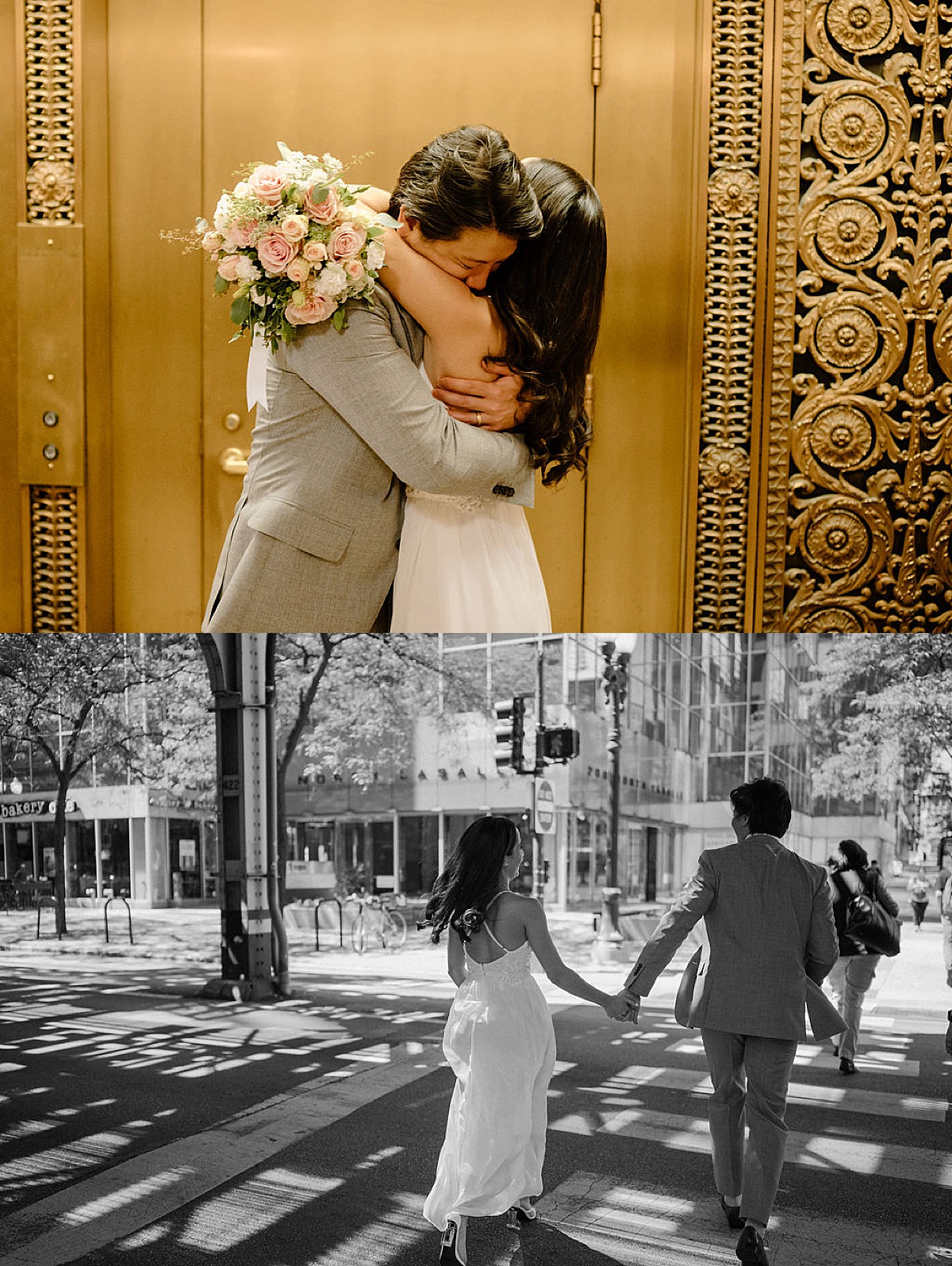 bride and groom embrace in iconic Chicago location during city hall sweetheart elopement