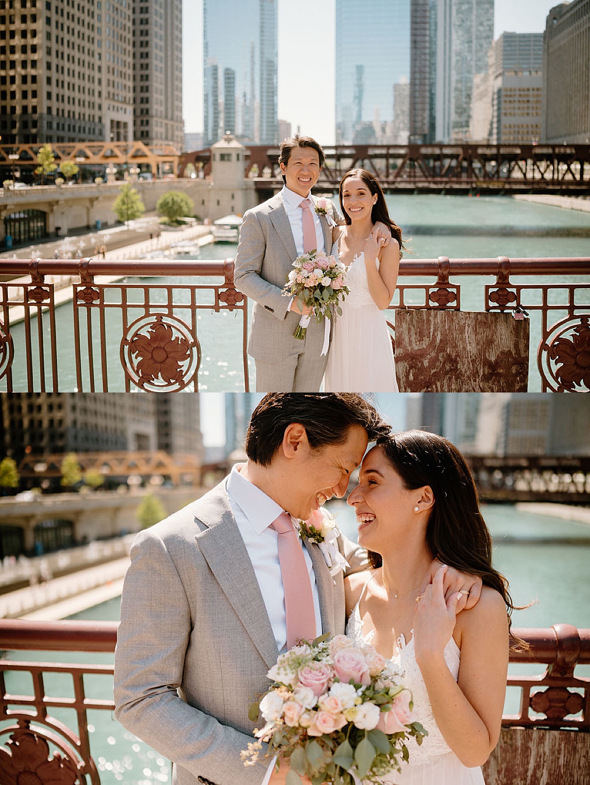 groom in gray suit and pink tie poses with bride in delicate gown on Chicago bridge after city hall sweetheart elopement