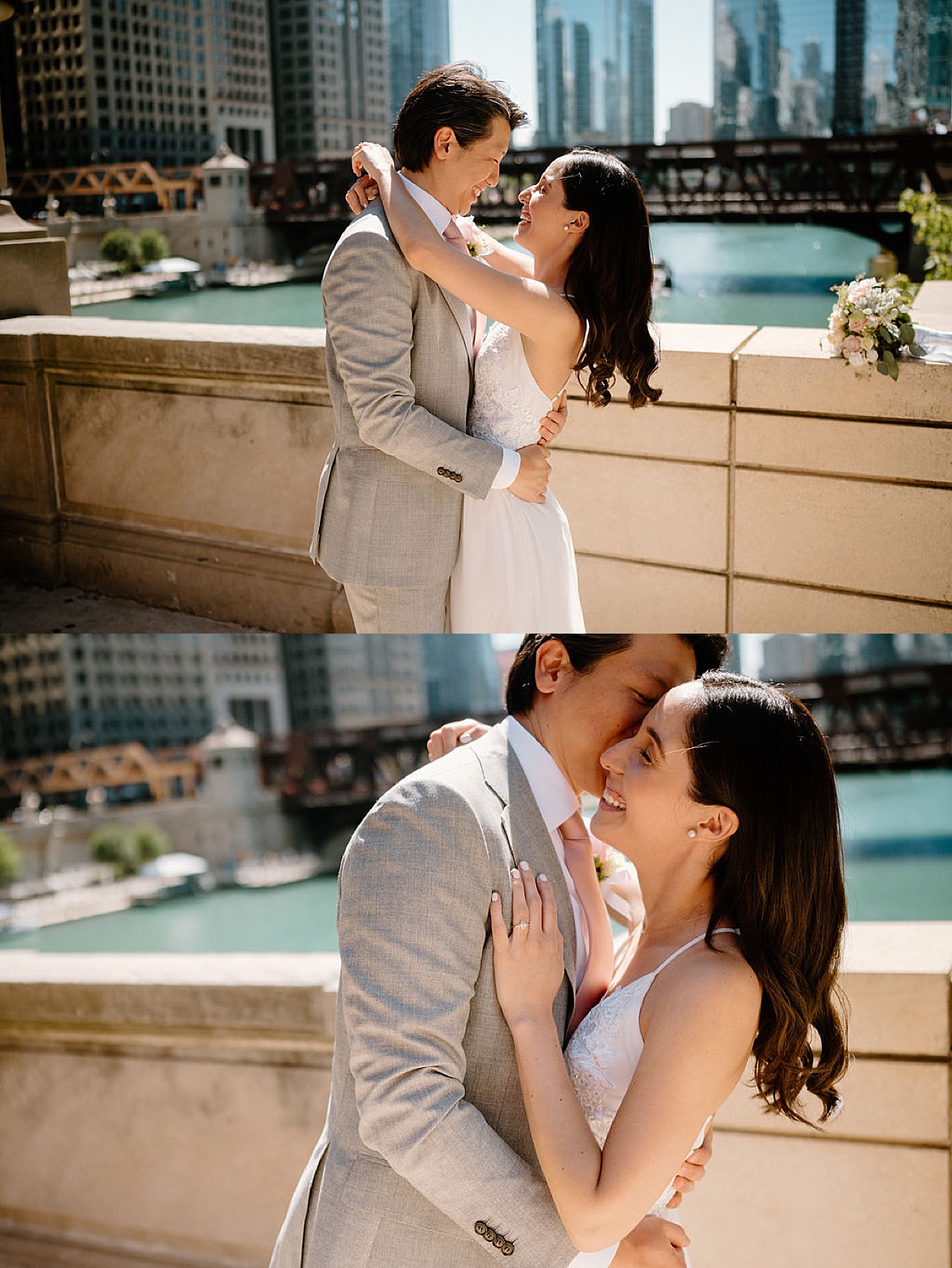 bride in delicate gown and groom in dapper suit embrace on stone bridge shot by Chicago wedding photographer