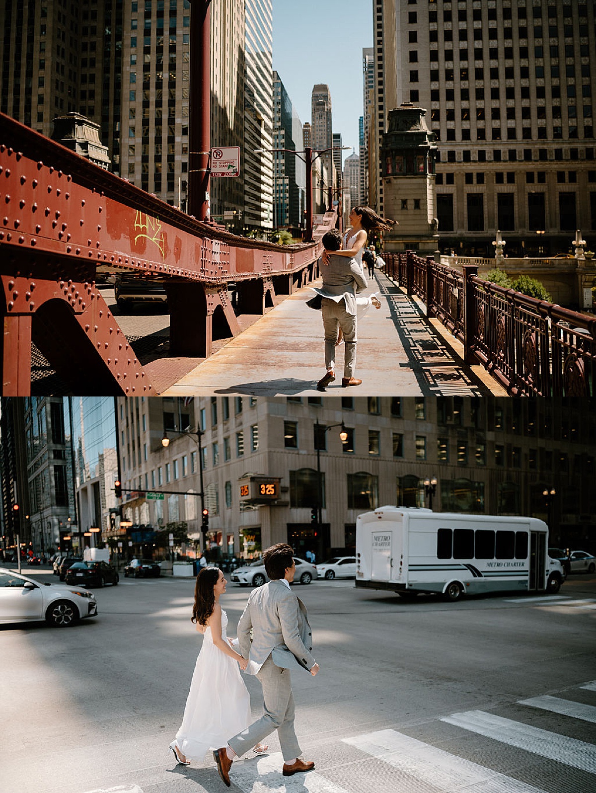 dapper bride and groom walk across iconic iron bridge shot by Chicago wedding photographer