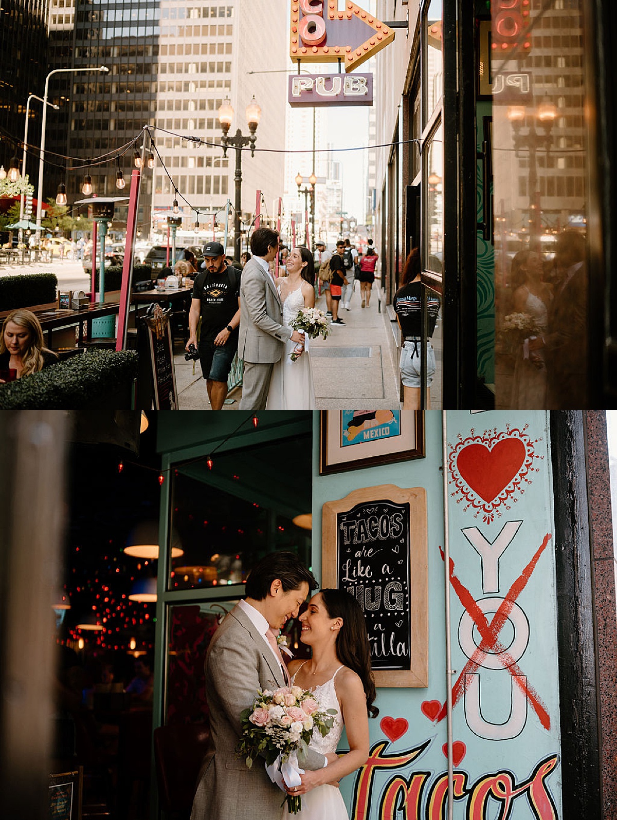 cute bride and groom pose after eloping at their favorite taco shop shot by Chicago wedding photographer