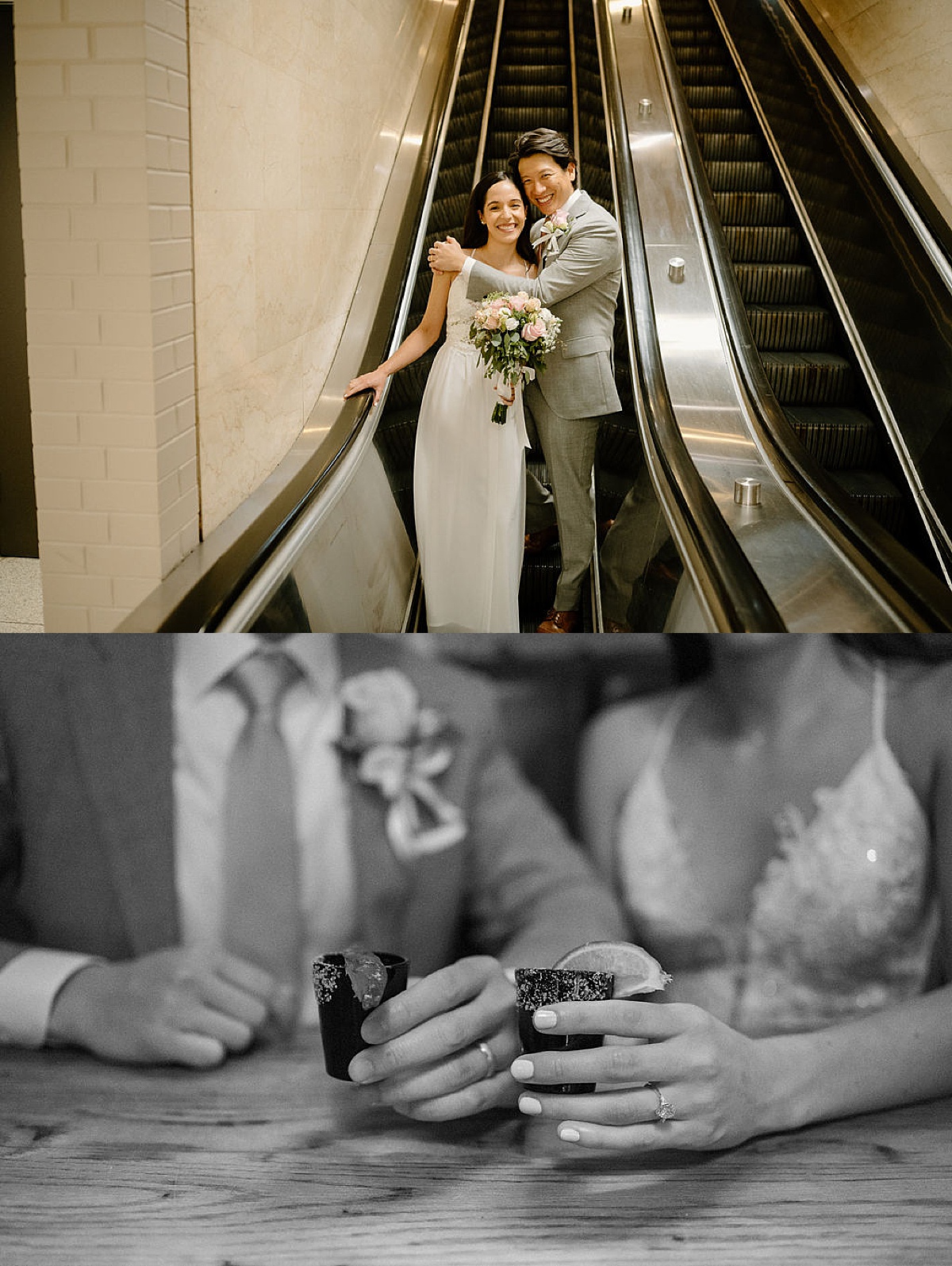 bride in cute dress and groom in gray suit pose on escalator after elopement shot by Chicago wedding photographer